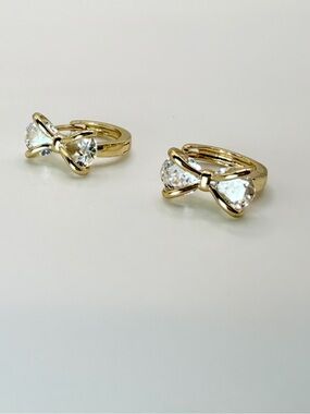 Gold Bow Crystal Hoop Huggie Earrings